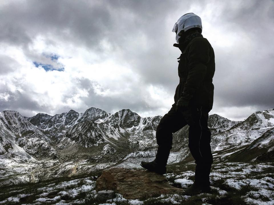 Motorcycle touring in the Pyrenees - France, Spain and Andorra. Taking in a view of the mountains.