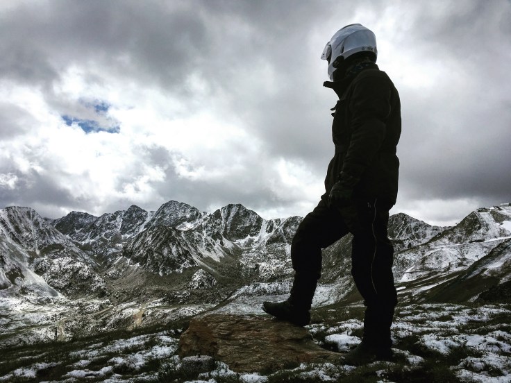 Motorcycle touring in the Pyrenees - France, Spain and Andorra. Taking in a view of the mountains.
